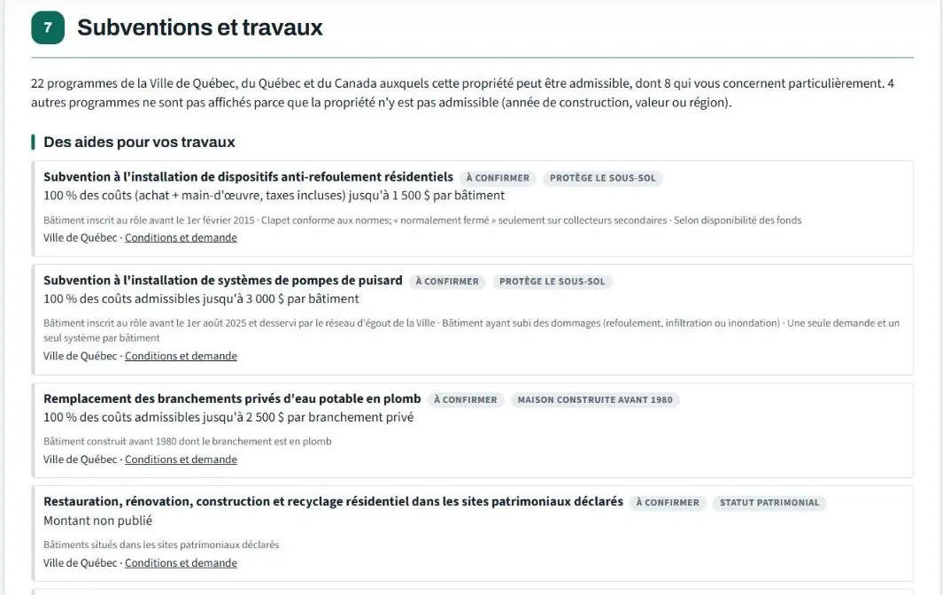 Subventions et travaux : programmes d'aide de la Ville, du Québec et du Canada