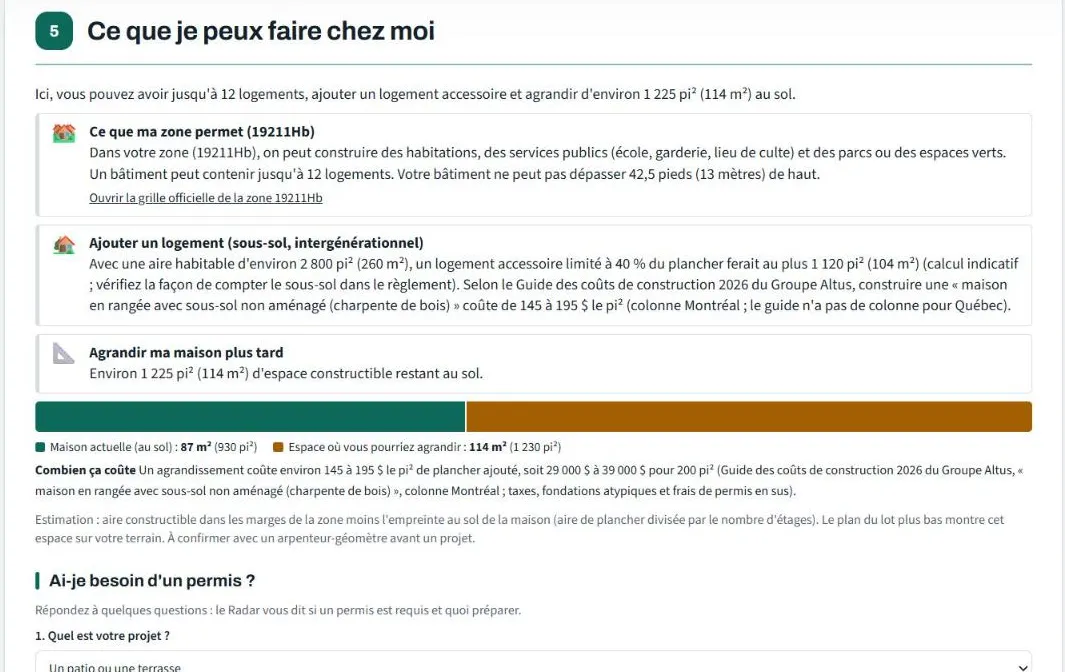 Ce que je peux faire chez moi : zone, logement ajouté, agrandissement