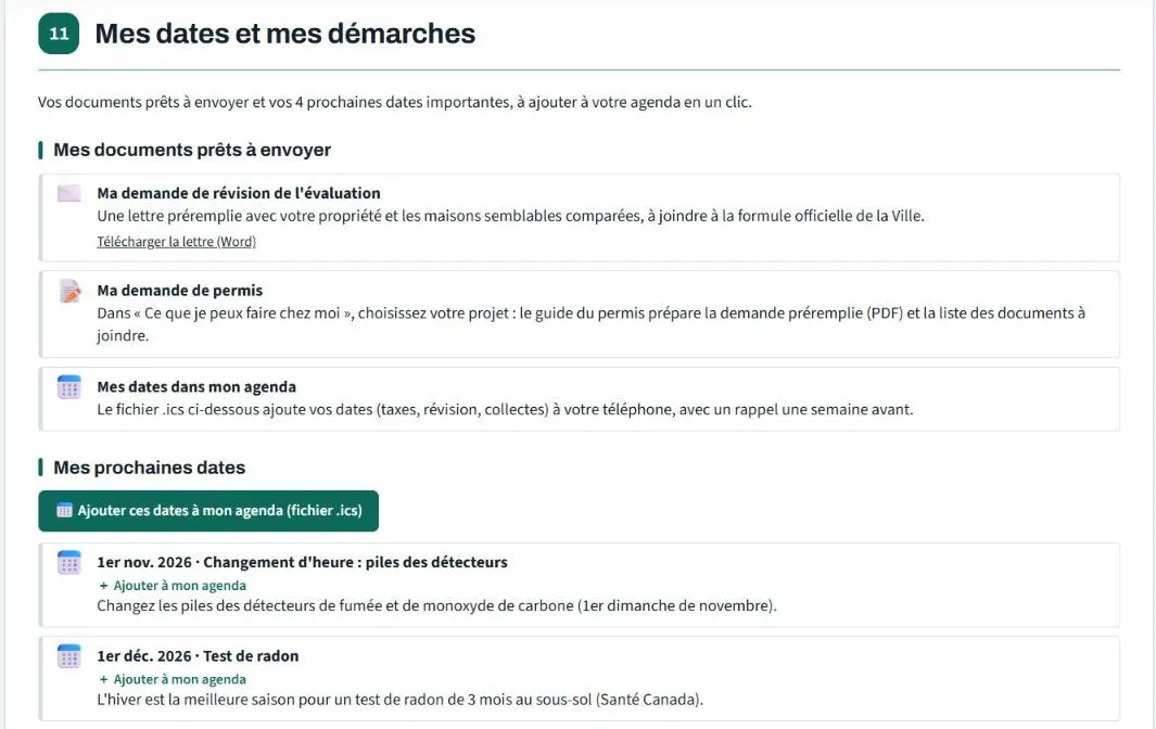 Mes dates et mes démarches : documents prêts à envoyer et prochaines dates