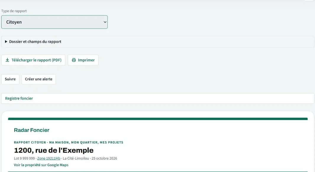 Au-dessus du rapport : type de rapport, dossier, PDF, imprimer, suivre, créer une alerte, registre foncier