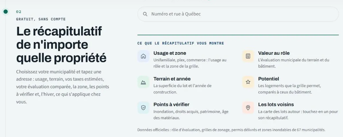 L'accueil : choix de la municipalité, barre de recherche et ce que montre le récapitulatif