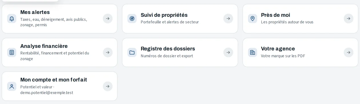 Mon espace : les cartes Mes alertes, Suivi de propriétés, Près de moi, Analyse financière, Registre des dossiers, Votre agence, Mon compte