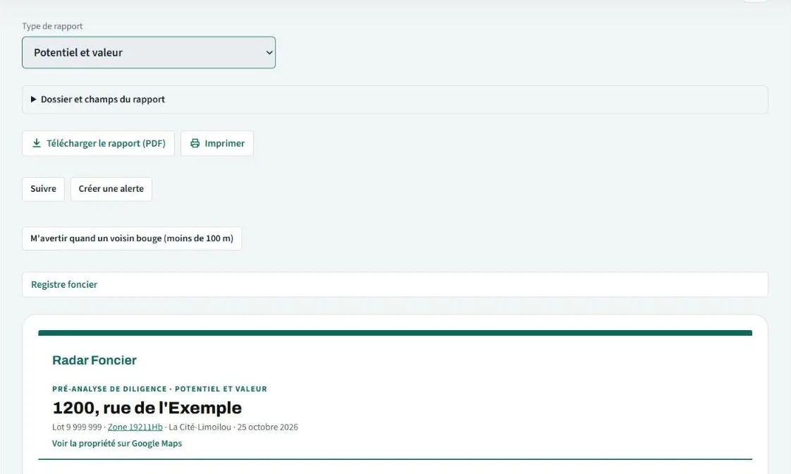 Barre d'outils du rapport : type de rapport, dossier, PDF, imprimer, suivre, créer une alerte, voisin, registre foncier