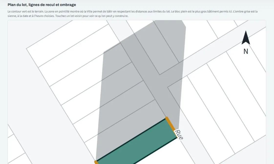 Plan du lot avec le terrain en vert, la rue et l'ombre portée
